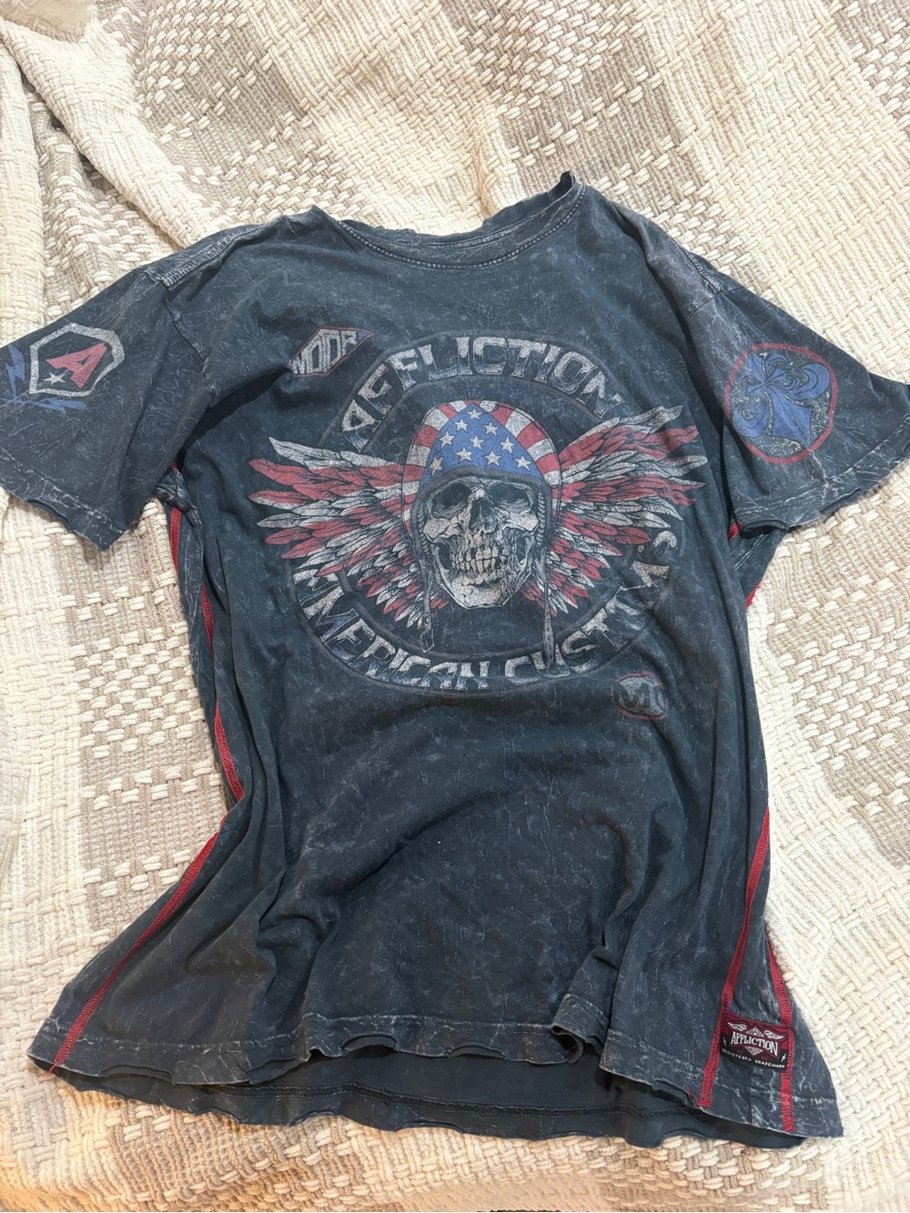 Affliction Black Short Sleeve Tee with Red and Blue Graphic
